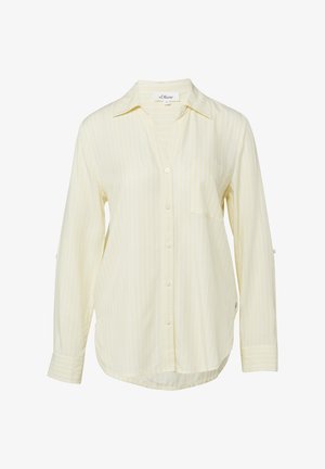 Koszula na guziki z długim rękawem, w bladym żółtym kolorze w paski, z kołnierzykiem i pojedynczą kieszenią na piersi, prezentowana na białym tle.