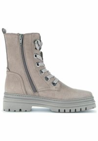 Gray suede ankle boots with a textured finish, featuring a side zipper, contrasting laces, and a rugged rubber sole for traction.