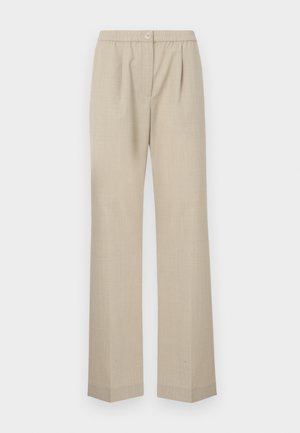 Pantalons beige clair avec une jambe droite, taille élastique et un bouton à l'avant. Fabriqués à partir d'un tissu texturé.