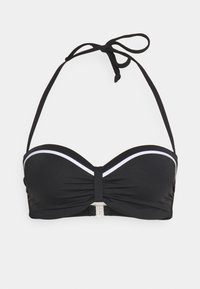 Crni bikini top u bandeau stilu, s bijelim prugastim detaljima, s uvijenim prednjim dizajnom i s srebrnim kopčanjem u sredini.