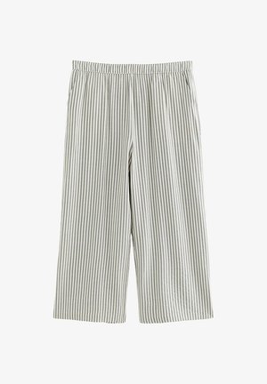 Pantalones de pierna ancha con rayas verticales en gris claro y blanco, con cintura elástica y bolsillos laterales.
