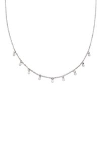 Collana in argento con piccoli pendenti circolari sospesi lungo la lunghezza. Maglie fini conferiscono un aspetto delicato.