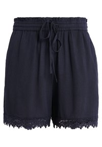 Shorts texturés bleu marine avec une taille élastique, dotés d'un cordon de serrage et de détails en dentelle le long de l'ourlet.