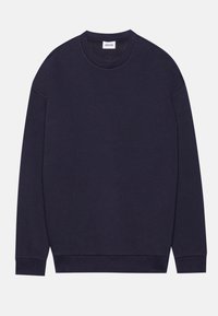 Marineblaues Langarmcrewneck-Sweatshirt mit gerippten Bündchen und Saum, flach auf einem weißen Hintergrund präsentiert.