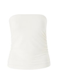 Vitt axelbandslöst linne med figurnära passform, tillverkat av mjukt material, med rynkdetaljer på sidorna för extra textur och detalj.