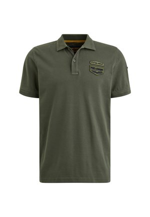 Olive green polo shirt in cotton with short sleeves, two-button placket, and shoulder patches featuring embroidered logos.