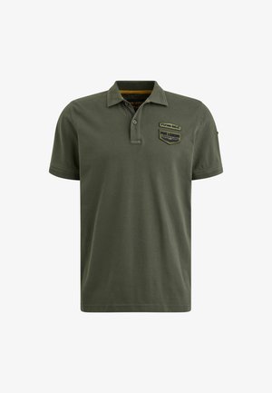 Olivegrünes Polohemd aus Baumwolle mit kurzem Arm, zwei-Knopf-Blende und Schulterpatches mit gestickten Logos.