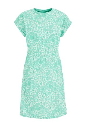 Kurzärmeliges, mintgrünes Kleid mit weißem Blumenmuster, rundem Ausschnitt und tailliertem Schnitt.