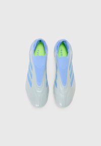 Blue athletic shoes with a smooth, glossy grey sole. Featuring mesh upper with blue accents and a bright green insole.