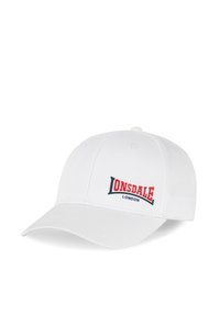 Bílá baseballová čepice s zakřiveným kšiltem, na přední straně se vyšívaným logem "LONSDALE LONDON" v červené a tmavě modré barvě. Materiál: bavlna.