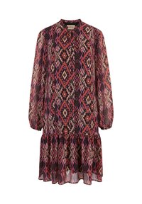 Printed dress featuring a high neckline, long sleeves, and a flared hem. The fabric displays a colorful geometric pattern in pink and black tones.