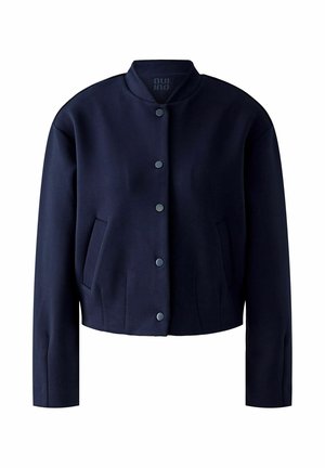 Marineblaue kurz geschnittene Jacke aus glattem Stoff, mit Stehkragen, vorderem Knopfverschluss und zwei seitlichen Taschen.
