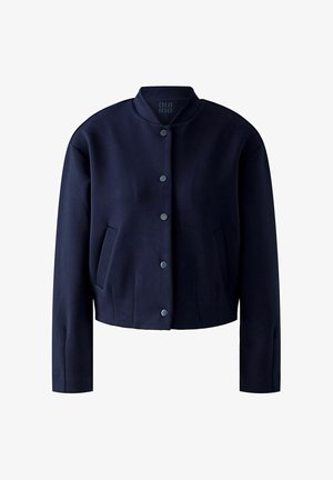 Marineblaue kurz geschnittene Jacke aus glattem Stoff, mit Stehkragen, vorderem Knopfverschluss und zwei seitlichen Taschen.