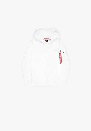 Bela kapuca s sprednjo žepom, kapuco na vrvico in stranskim zadrževalnim žepom. Ima majhen logotip na prsih in rdečo oznako iz tkanine.