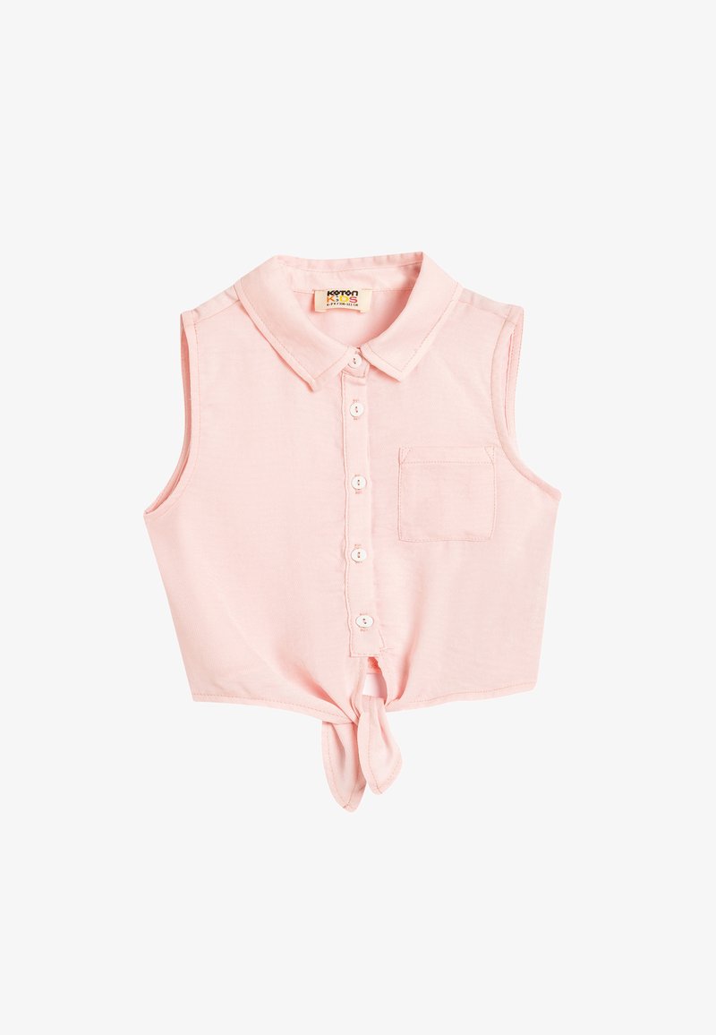 Lyserød, ærmeløs skjorte med knaplukning og krave, brystlomme og en bundknude. Fremstillet af blødt stof med en glat tekstur.