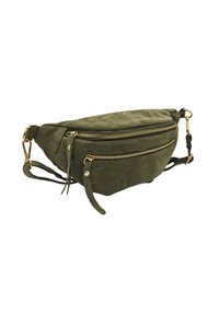 Sac à main en daim vert avec deux compartiments zippés dorés, bandoulière réglable et ornements en pompons. Présente une forme arrondie et une texture douce.