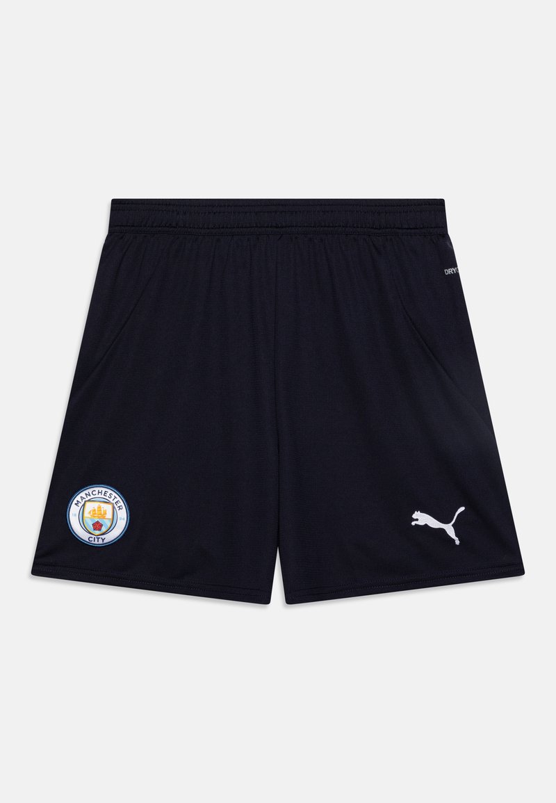 Črne atletske kratke hlače iz materiala, ki odvaja vlago. Vključujeta logo Manchester City in bel logo Puma na strani. Dodan elastičen pas.