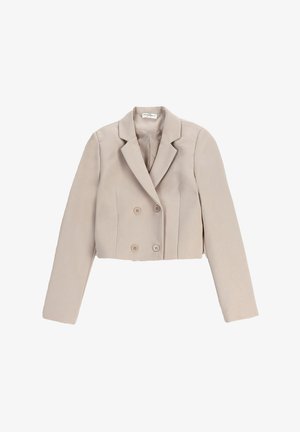 Beżowa, skróconaMarynarka podwójnie zapięta, z wyłogowym kołnierzem, długimi rękawami i dwoma guzikami z przodu, wykonana z gładkiego materiału.