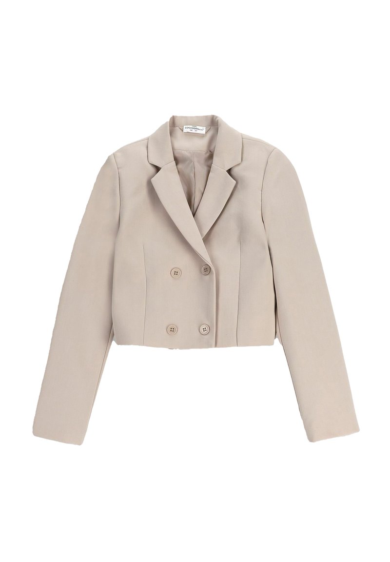 Beżowa, skróconaMarynarka podwójnie zapięta, z wyłogowym kołnierzem, długimi rękawami i dwoma guzikami z przodu, wykonana z gładkiego materiału.