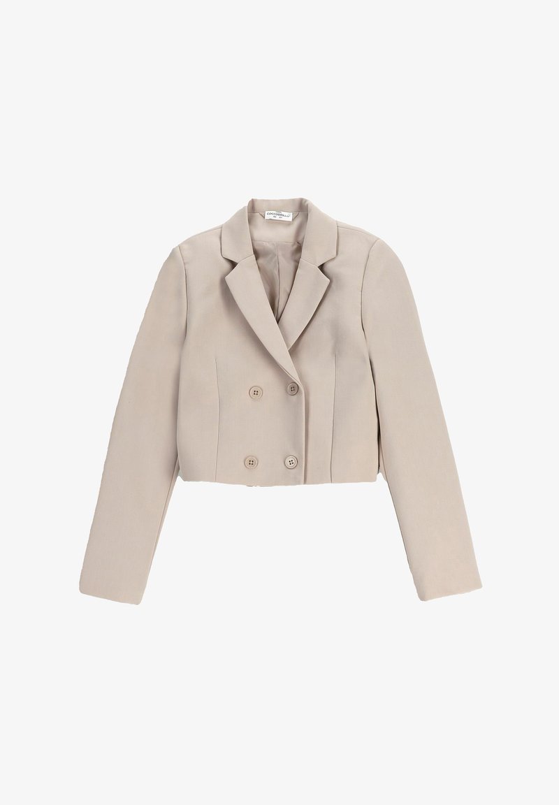 Beżowa, skróconaMarynarka podwójnie zapięta, z wyłogowym kołnierzem, długimi rękawami i dwoma guzikami z przodu, wykonana z gładkiego materiału.