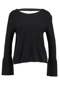 Musta pitkähihaisen yläosan, jossa on leveä pääntie, kellohihat ja pehmeä tekstuuri, rento istuvuus ja minimalistinen design.