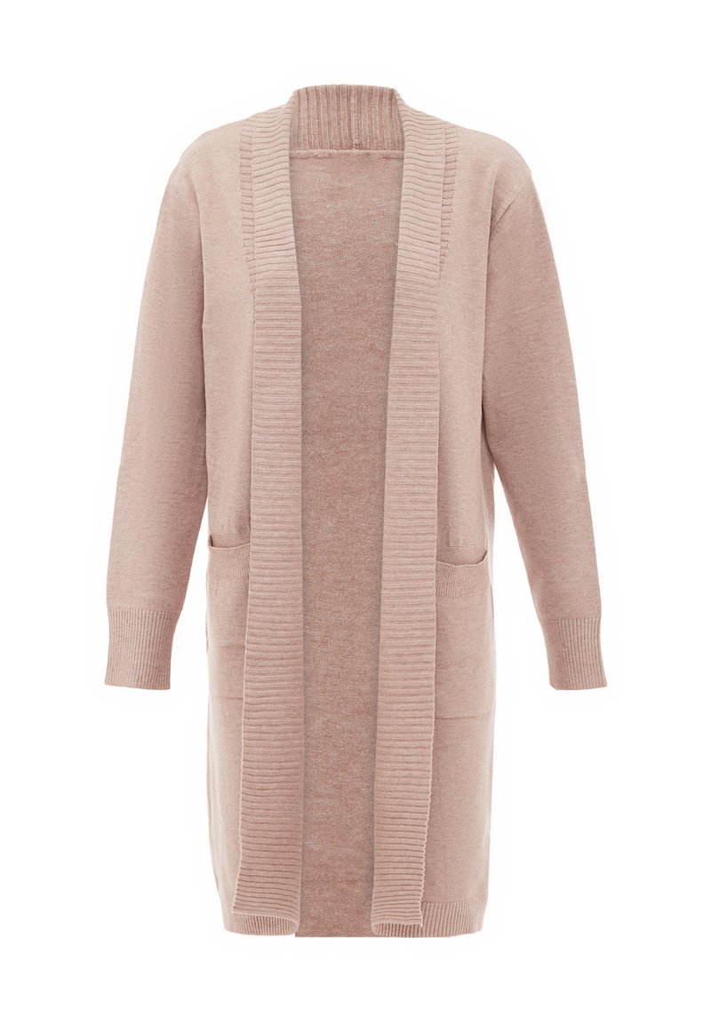 Helles rosa Cardigan aus weichem Strickmaterial, mit geripptem Kragen und Bündchen, offener Vorderseite und zwei seitlichen Taschen.