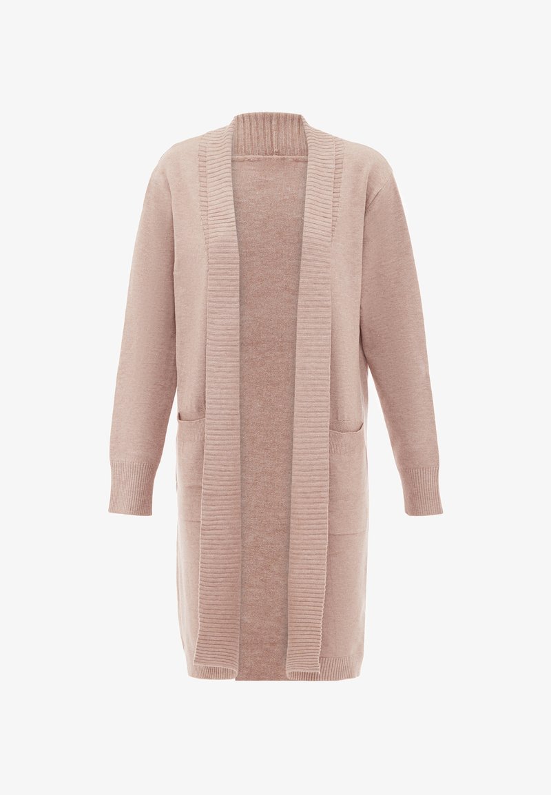 Cardigan rose clair en maille douce, avec un col et des poignets côtelés, un design ouvert à l'avant et deux poches latérales.