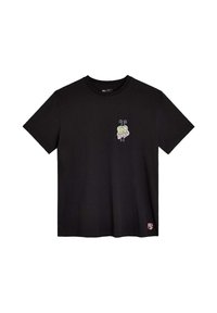 T-shirt en coton noir avec un graphisme multicolore et le texte « BAD BOY » sur la poitrine gauche, ainsi qu'un petit logo rose sur l'ourlet inférieur.