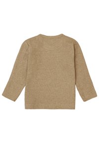 Beige ribbet striktrøje med lange ærmer, rund halsudskæring og løs pasform. Teksturen er blød og har et subtilt mønster gennem hele.