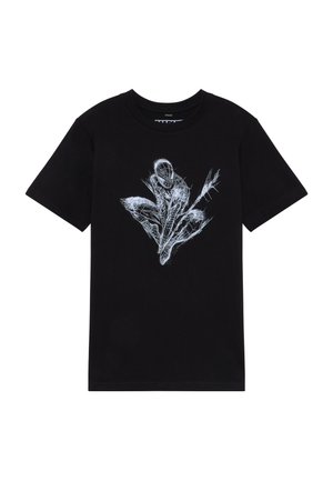 Schwarzes Baumwoll-T-Shirt mit einem weißen grafischen Design, das eine abstrakte Figur und Blattmotive auf der Vorderseite zeigt, mit kurzen Ärmeln und Rundhalsausschnitt.