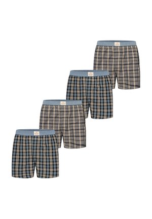 Vier Paare karierte Herrenboxershorts mit blauen elastischen Bund in abwechselnden hellen und dunklen Farbmustern.