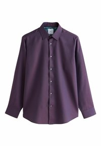 Ciemnofioletowa koszula z długim rękawem, z wywijanym kołnierzykiem, z zapięciem na guziki z przodu i kontrastującą, wzorzystą podszewką. Gładka faktura.