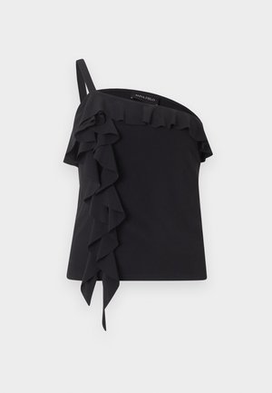 Μαύρο τοπ με ένα ώμο, με έναν μόνο ιμάντα και λεπτομέρειες με βολάν που καταλήγουν μπροστά και κατά μήκος του λαιμοκόψη.