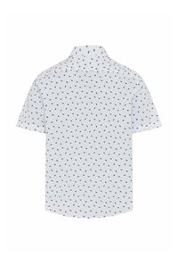 Chemise blanche à manches courtes avec col, présentant un motif de petits palmiers bleu foncé répartis uniformément sur le tissu.