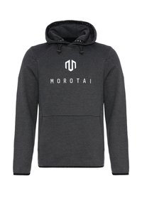 Mørk grå hettegenser laget av mykt stoff, med frontlomme, justerbar hettestropp og hvit "MOROTAI" logo på brystet.