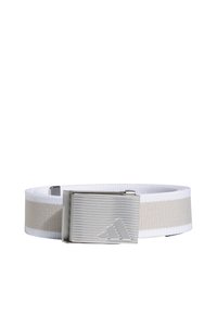 Ceinture tissée blanche avec une bande beige et une boucle rectangulaire en métal argenté présentant des rainures horizontales et un logo en relief.