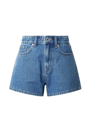 Lysblå denimshorts med høj talje, fem lommer, knaplukning foran og en diskret vertikal stribemønster.