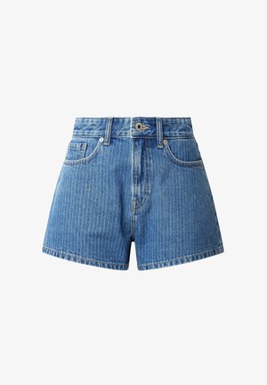 Vaaleansiniset farkkushortsit, joissa on korkeavyötärö, viisi taskua, etunappisulku ja hienovarainen pystysuuntainen raitakuosi.