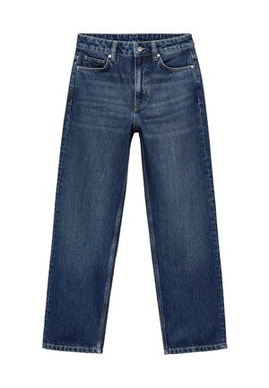Jeans in denim blu scuro con un design a gamba dritta, cinque tasche e cuciture in vista. Presentano una chiusura classica con bottone e cerniera.