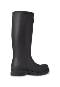 Botte noire en caoutchouc, haute jusqu'au genou, avec un bord supérieur texturé, une semelle épaisse et une finition lisse. Présente une marque discrète sur le côté.