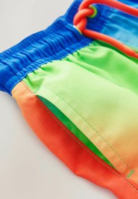 Costumi da bagno colorati con una cintura blu, caratterizzati da pannelli verdi, arancioni e rossi. Il materiale sembra liscio con dettagli di cucitura visibili.