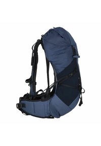 Rugzak in donkerblauw en zwart, met een mesh achterpaneel, verstelbare schouderbanden en zijgespen voor een veilige pasvorm en ondersteuning.