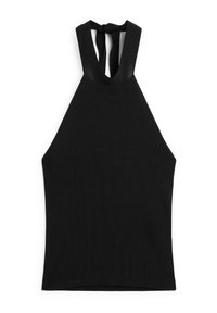 Top aderente nero con design a collo alto, texture a costine e chiusura con lacci sul retro. Semplice e versatile per diverse occasioni.