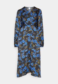 Robe midi noire à manches longues avec imprimé floral abstrait bleu et jaune, dotée d’un col en V et d’un détail à la taille style portefeuille.