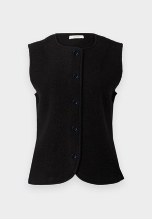 Black sleeveless vest made of wool, featuring a rounded neckline and five blue buttons down the front. Smooth texture and slightly curved hem.