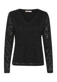 Maglietta nera a maniche lunghe con scollo a V, caratterizzata da un design in pizzo floreale e un corpo nero solido. Texture morbida e forma aderente.