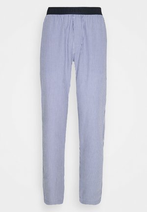 Pantalones de pijama a rayas azul y blanco, fabricados en tejido ligero, con una cinturilla elástica negra y diseño de corte recto.