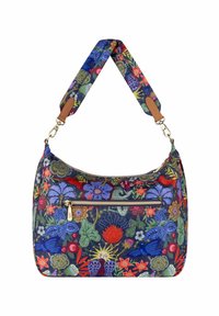 Schoudertas van stof met een bloemenpatroon, gouden hardware, een ritsvak aan de voorkant en een verstelbare schouderband, met levendige kleuren: blauw, groen, rood.