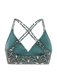 Groene sportbeha met perzikkleurige en zwarte geometrische patronen, voorzien van dubbele verstelbare kruisbandjes aan de achterkant.