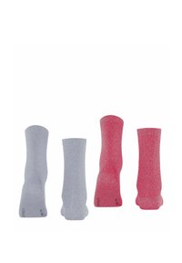 Quatre paires de chaussettes : deux grises claires avec une texture subtile, deux roses avec un fil brillant, chacune avec un poignet côtelé et un logo au niveau des orteils.